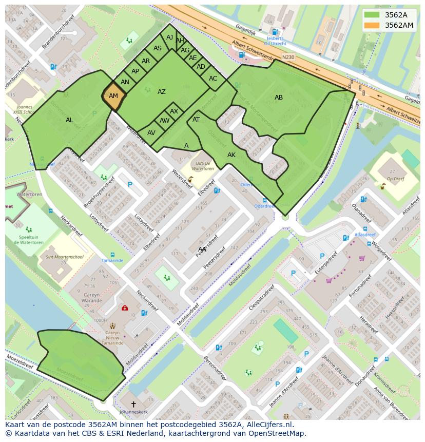 Afbeelding van het postcodegebied 3562 AM op de kaart.