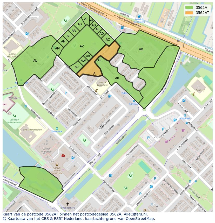 Afbeelding van het postcodegebied 3562 AT op de kaart.