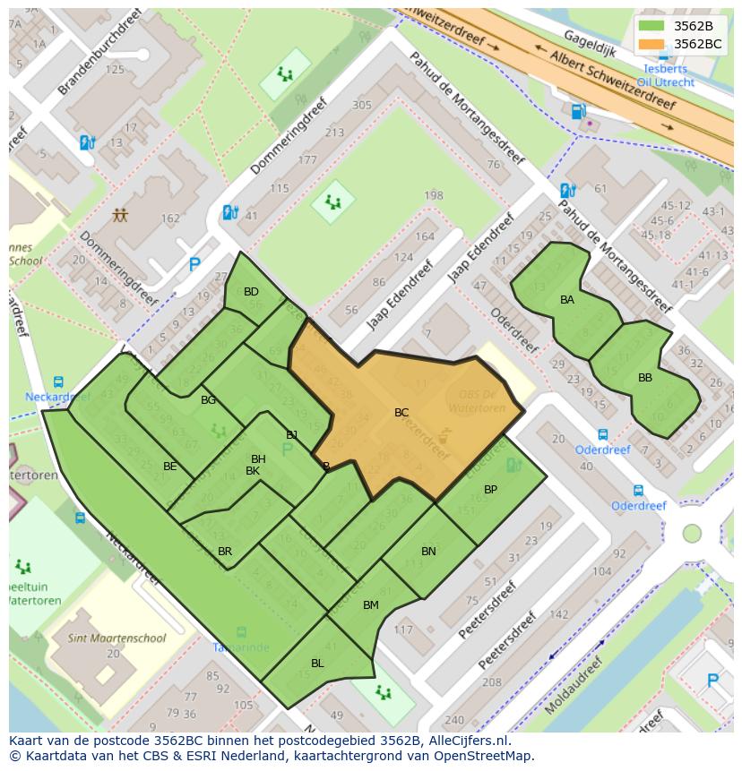 Afbeelding van het postcodegebied 3562 BC op de kaart.