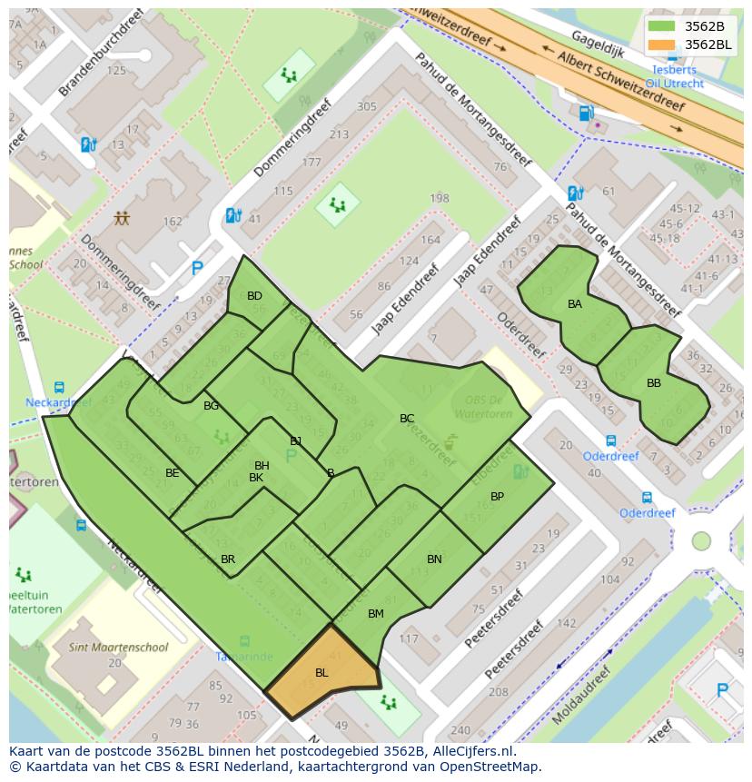 Afbeelding van het postcodegebied 3562 BL op de kaart.