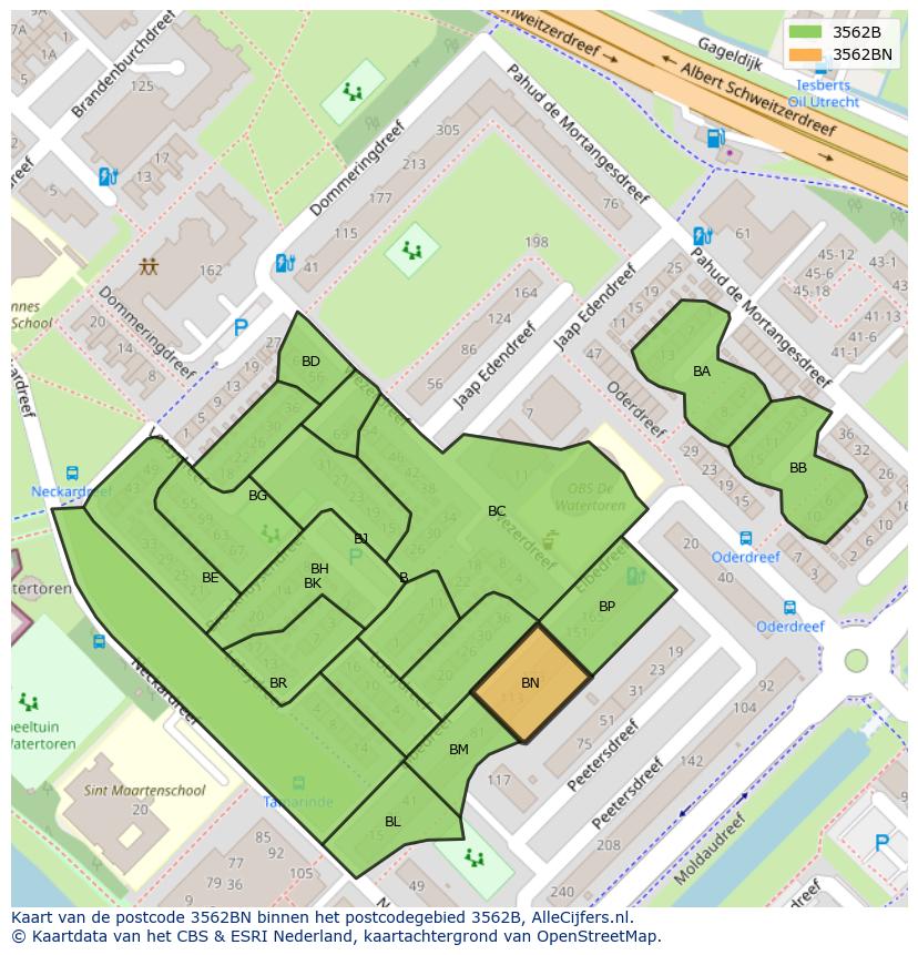 Afbeelding van het postcodegebied 3562 BN op de kaart.