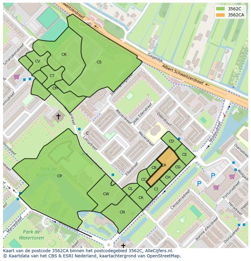 Afbeelding van het postcodegebied 3562 CA op de kaart.