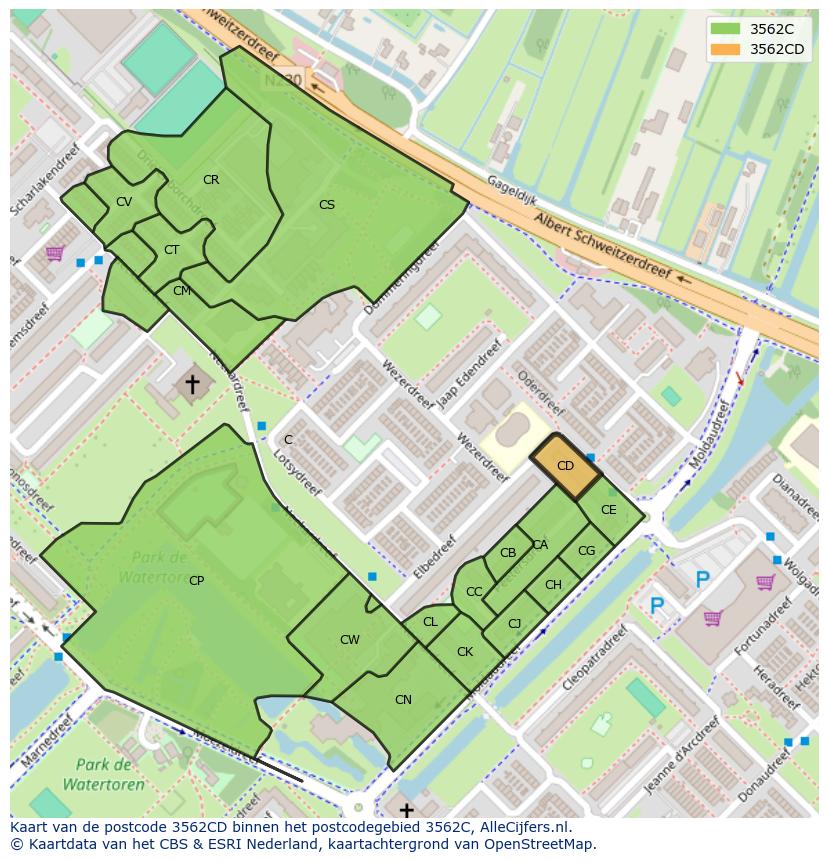Afbeelding van het postcodegebied 3562 CD op de kaart.