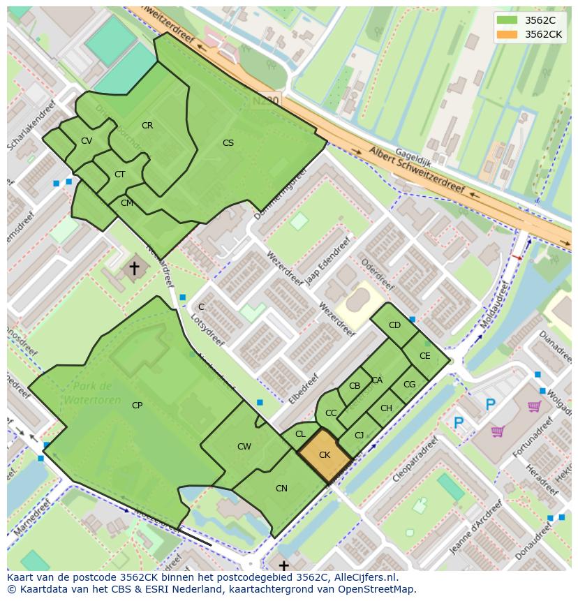 Afbeelding van het postcodegebied 3562 CK op de kaart.