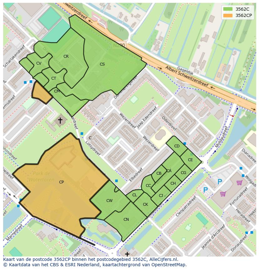 Afbeelding van het postcodegebied 3562 CP op de kaart.