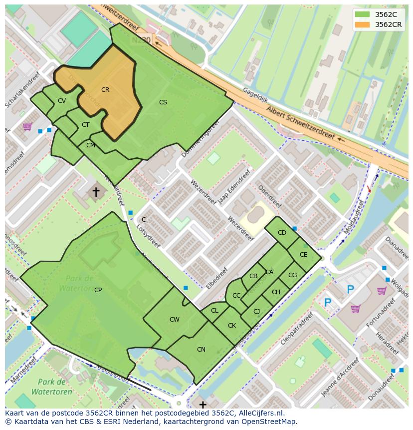 Afbeelding van het postcodegebied 3562 CR op de kaart.