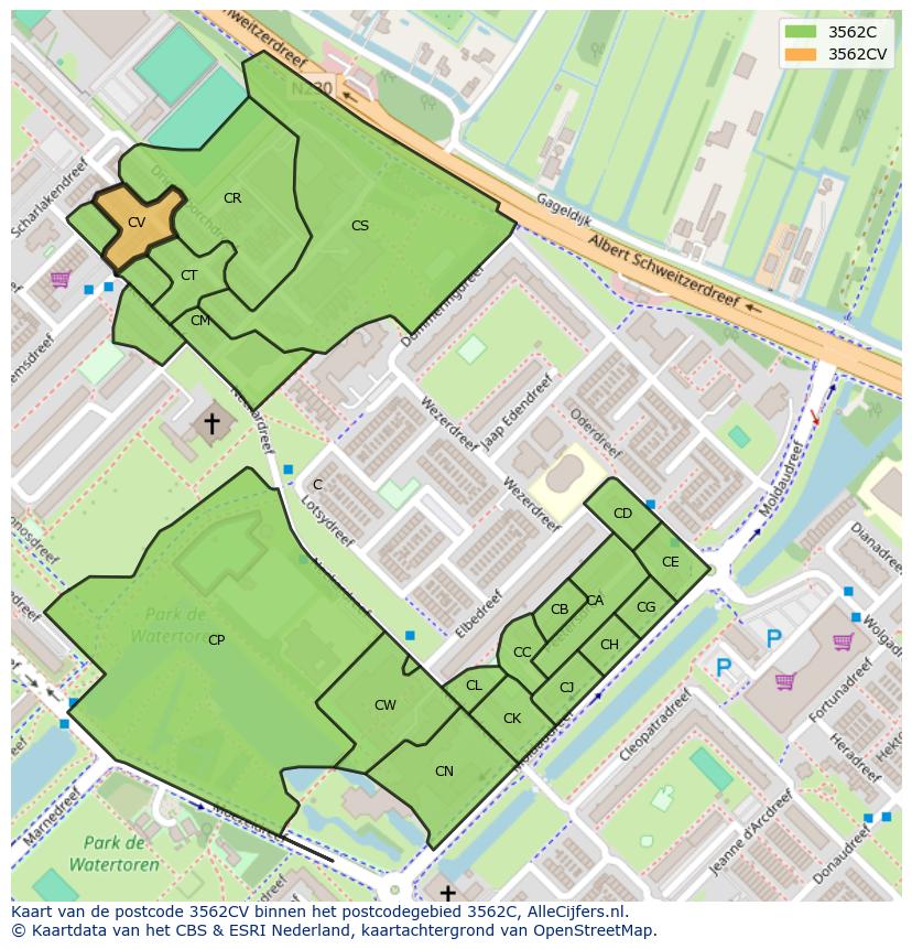 Afbeelding van het postcodegebied 3562 CV op de kaart.