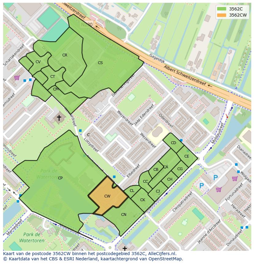 Afbeelding van het postcodegebied 3562 CW op de kaart.