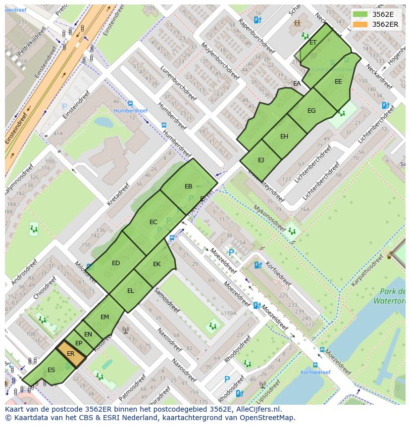 Afbeelding van het postcodegebied 3562 ER op de kaart.