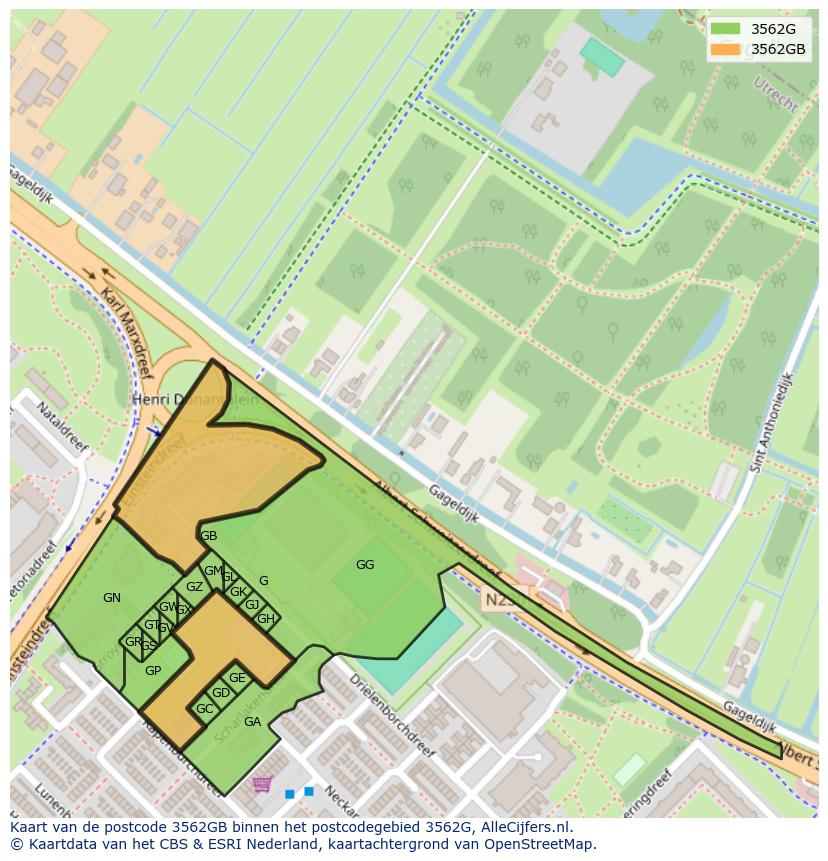 Afbeelding van het postcodegebied 3562 GB op de kaart.