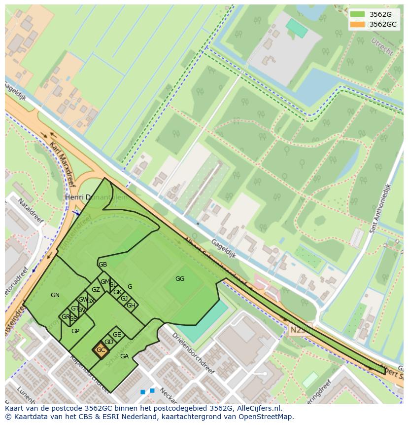 Afbeelding van het postcodegebied 3562 GC op de kaart.