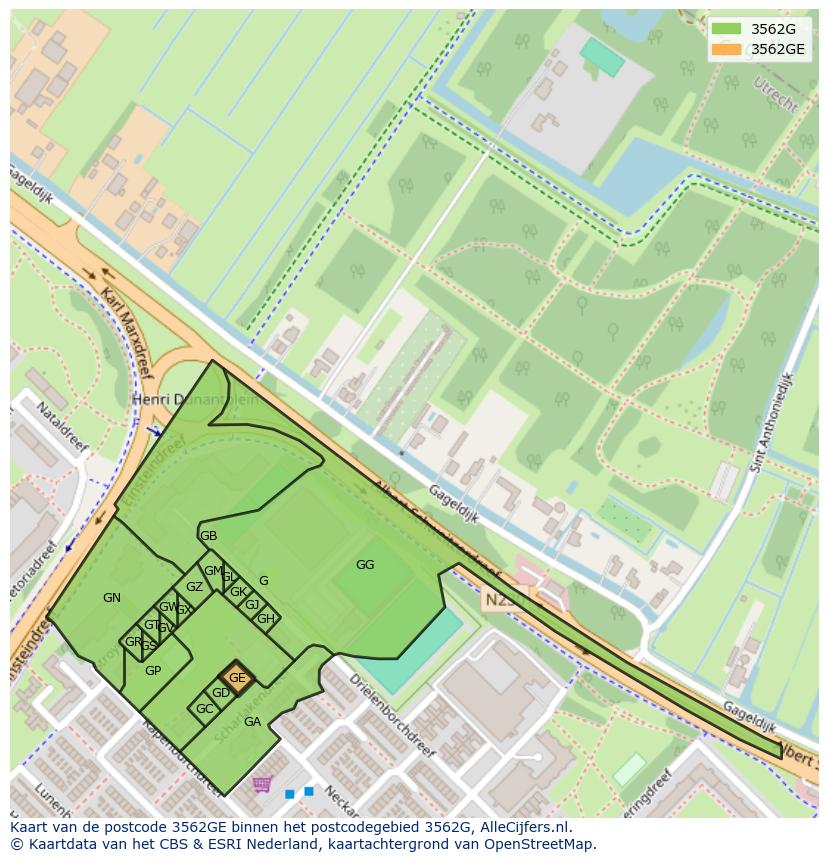 Afbeelding van het postcodegebied 3562 GE op de kaart.
