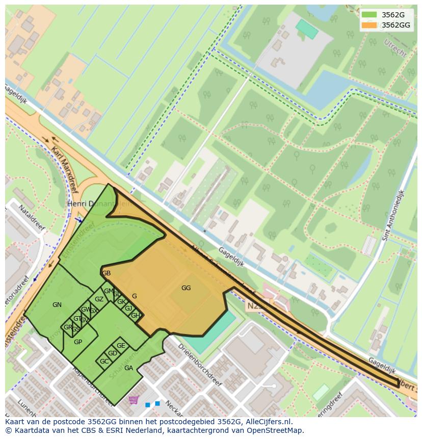 Afbeelding van het postcodegebied 3562 GG op de kaart.