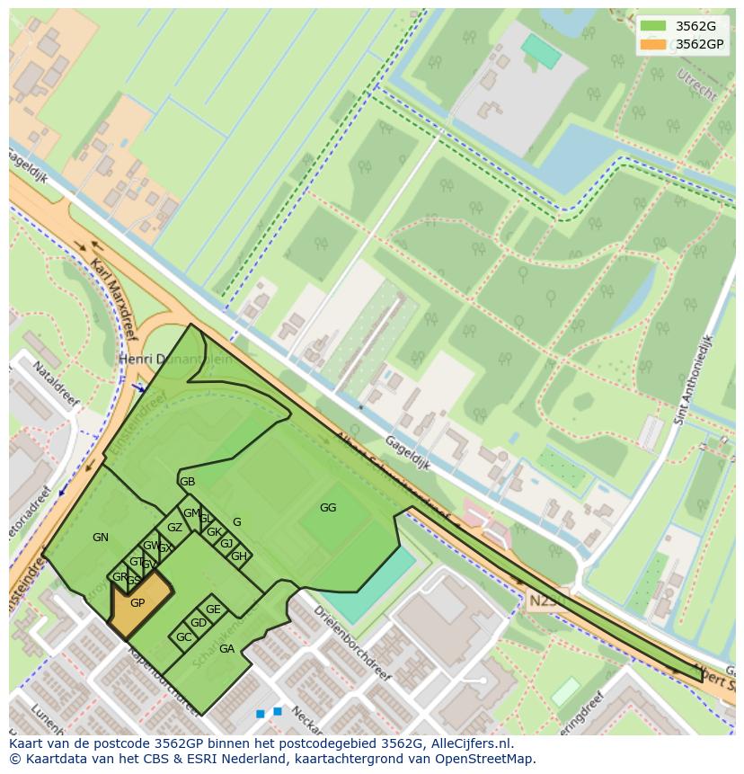 Afbeelding van het postcodegebied 3562 GP op de kaart.