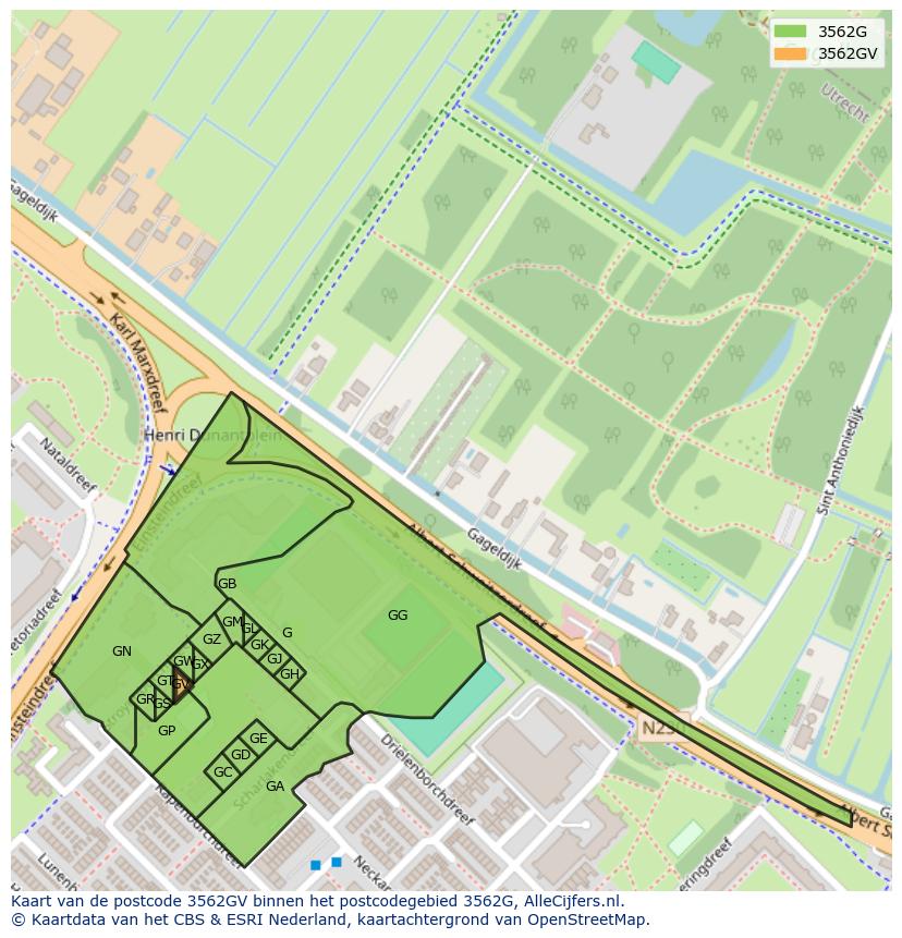Afbeelding van het postcodegebied 3562 GV op de kaart.