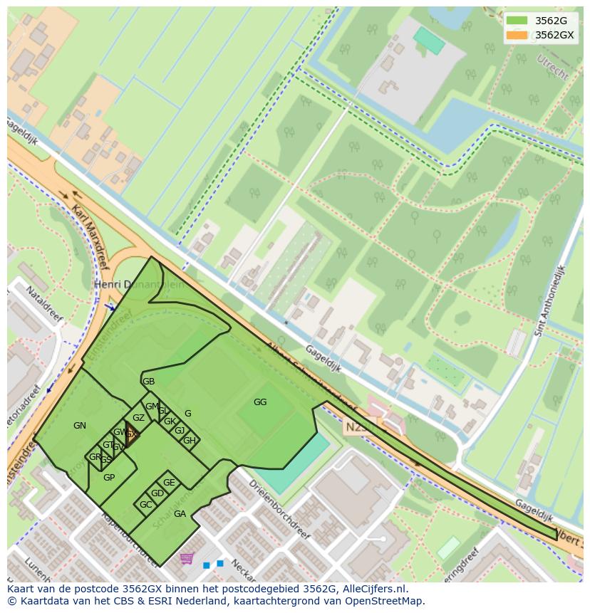 Afbeelding van het postcodegebied 3562 GX op de kaart.
