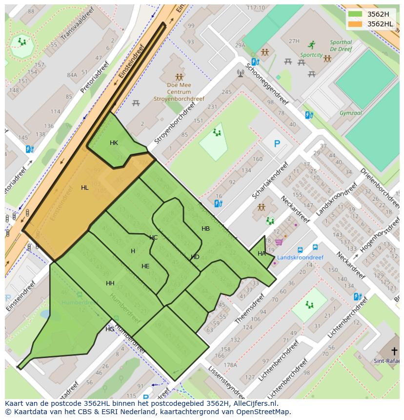 Afbeelding van het postcodegebied 3562 HL op de kaart.