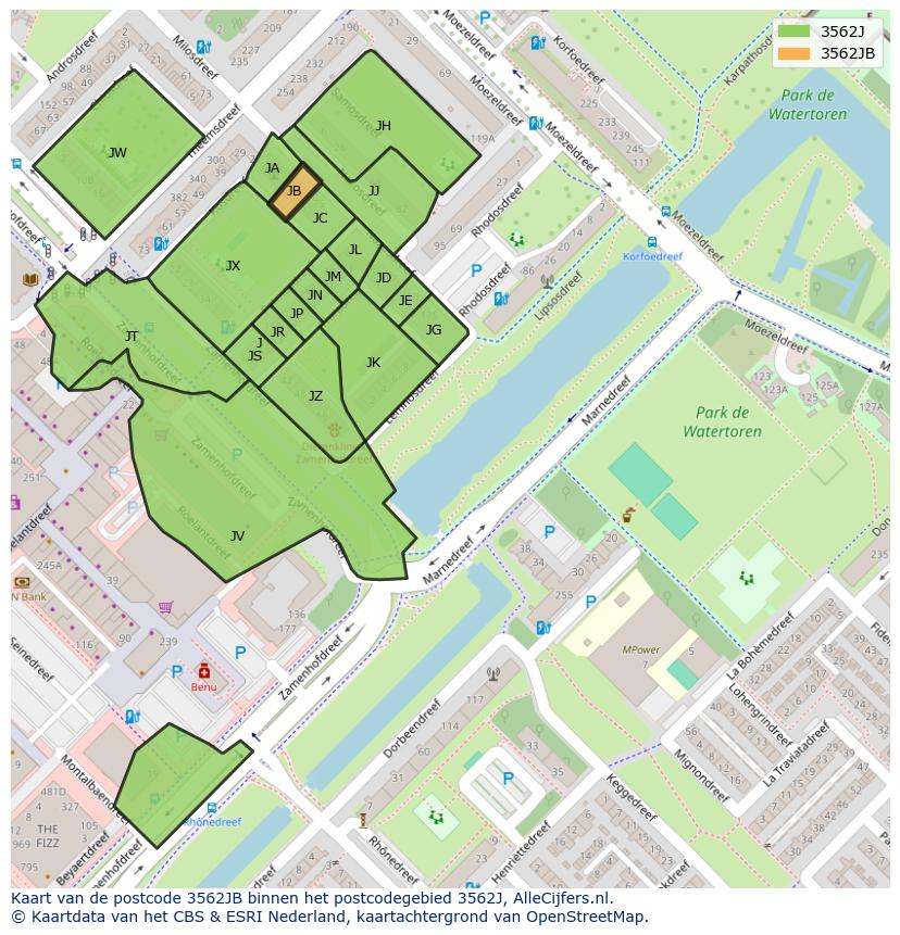 Afbeelding van het postcodegebied 3562 JB op de kaart.