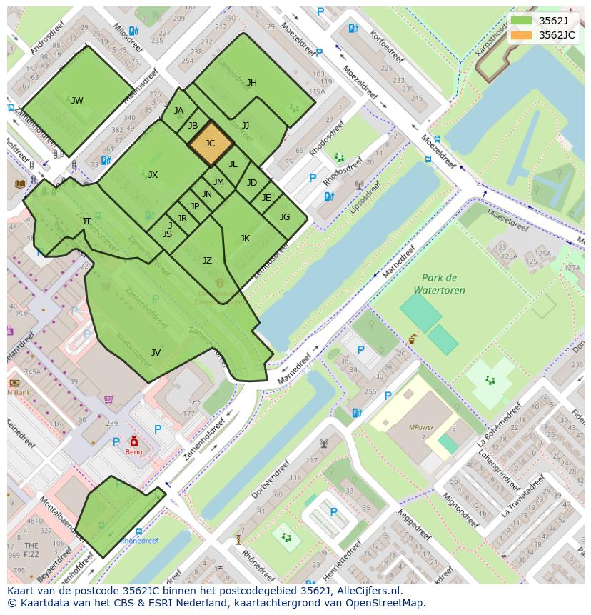 Afbeelding van het postcodegebied 3562 JC op de kaart.