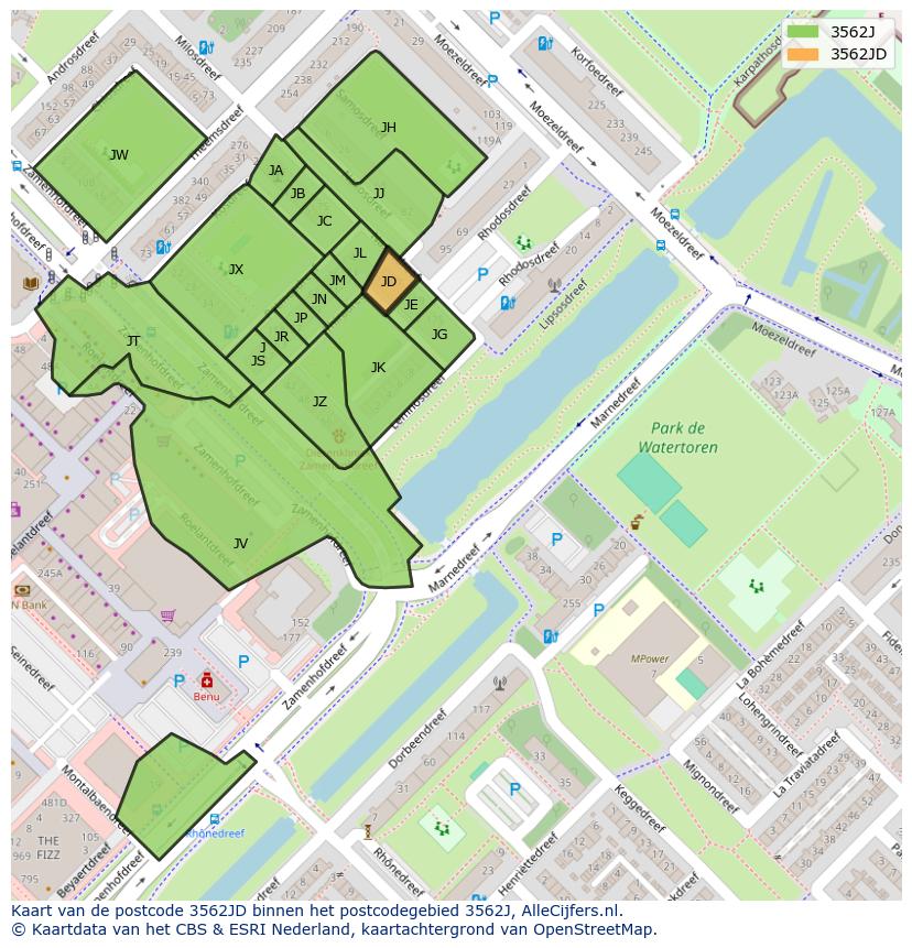 Afbeelding van het postcodegebied 3562 JD op de kaart.