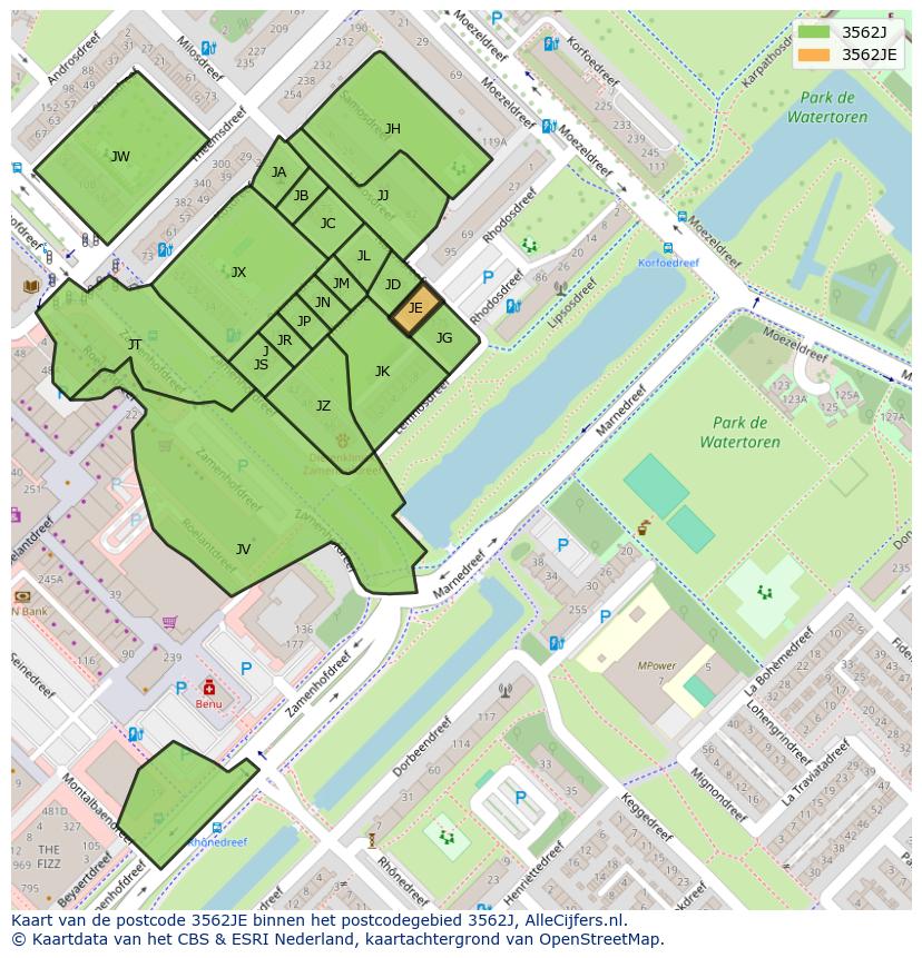 Afbeelding van het postcodegebied 3562 JE op de kaart.