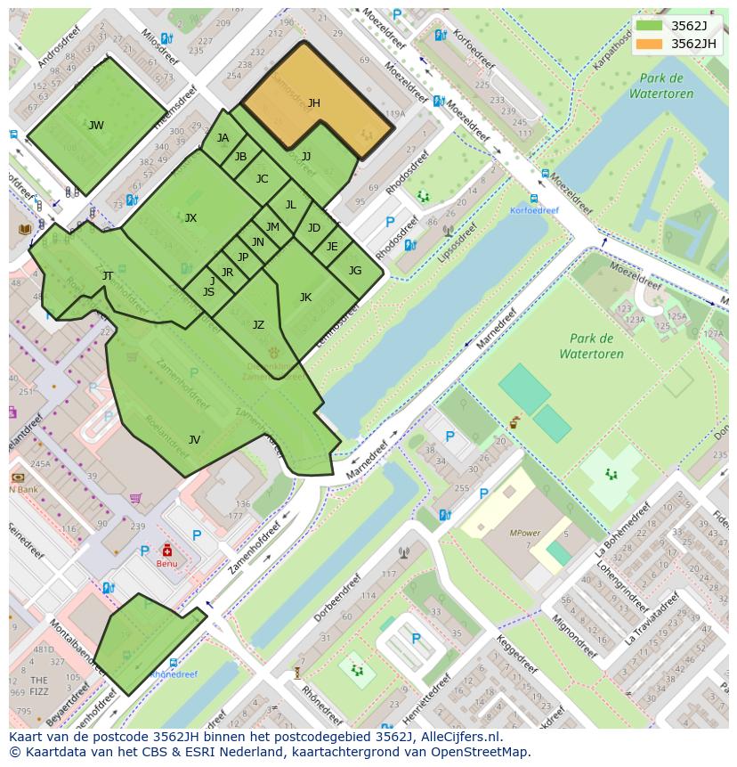 Afbeelding van het postcodegebied 3562 JH op de kaart.