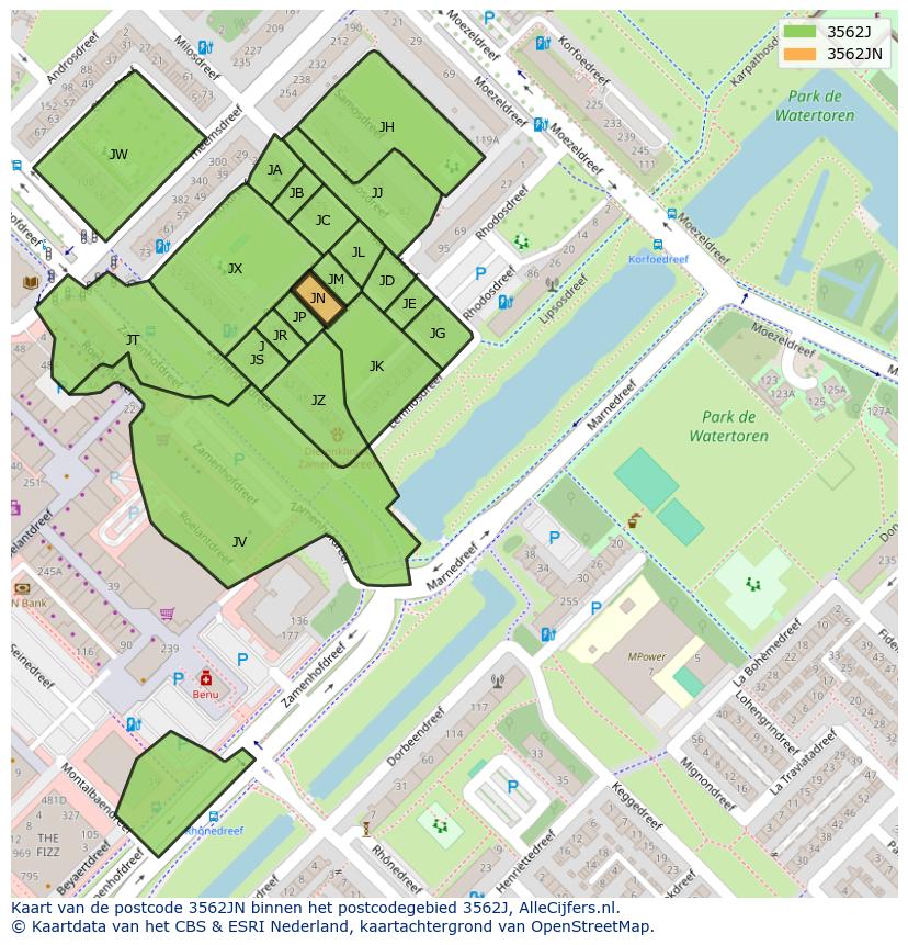 Afbeelding van het postcodegebied 3562 JN op de kaart.