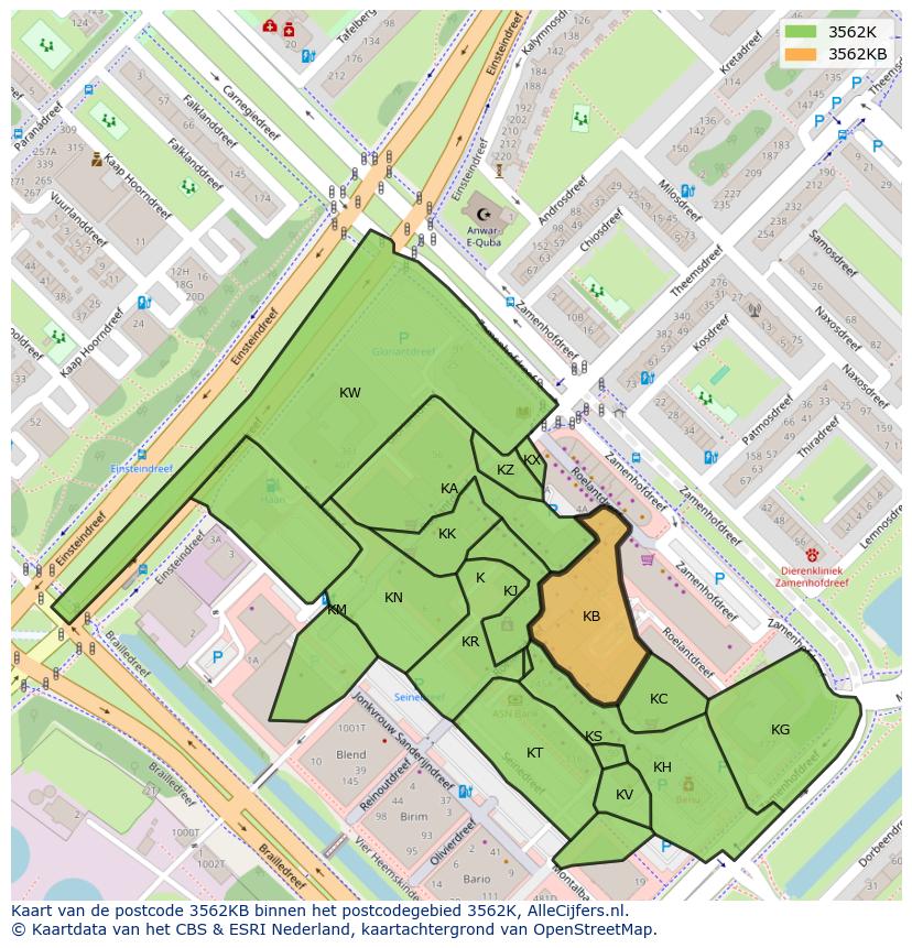 Afbeelding van het postcodegebied 3562 KB op de kaart.