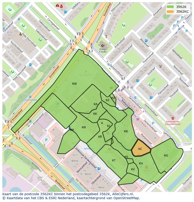 Afbeelding van het postcodegebied 3562 KC op de kaart.