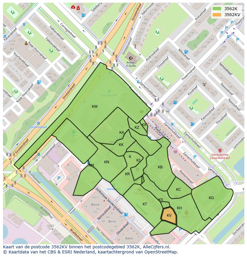 Afbeelding van het postcodegebied 3562 KV op de kaart.