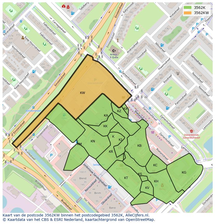 Afbeelding van het postcodegebied 3562 KW op de kaart.