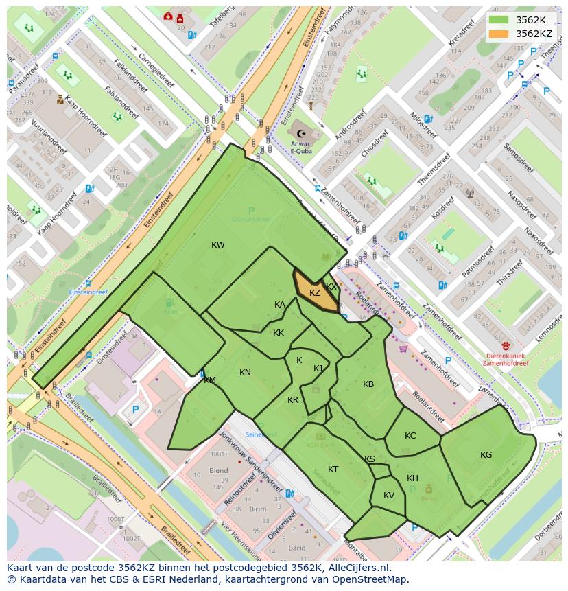 Afbeelding van het postcodegebied 3562 KZ op de kaart.