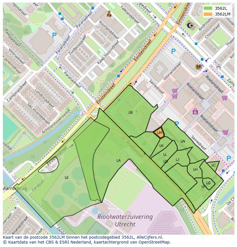 Afbeelding van het postcodegebied 3562 LM op de kaart.