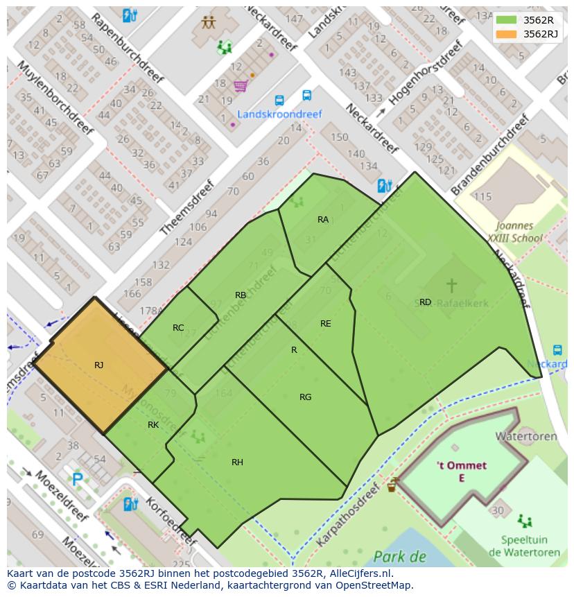 Afbeelding van het postcodegebied 3562 RJ op de kaart.