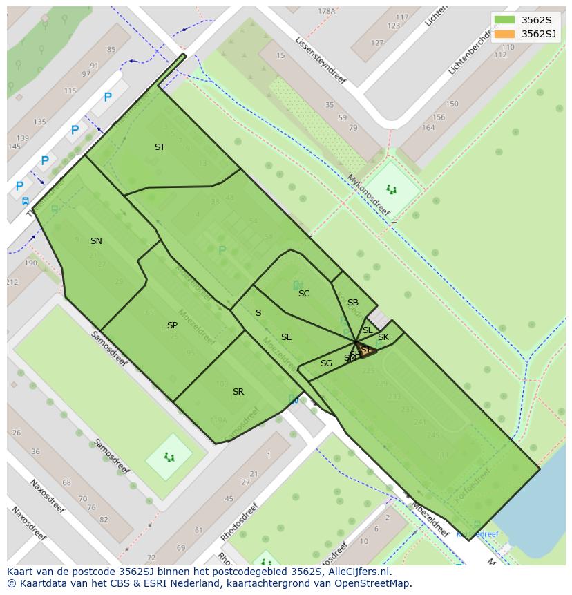 Afbeelding van het postcodegebied 3562 SJ op de kaart.