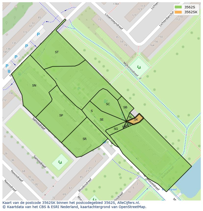 Afbeelding van het postcodegebied 3562 SK op de kaart.