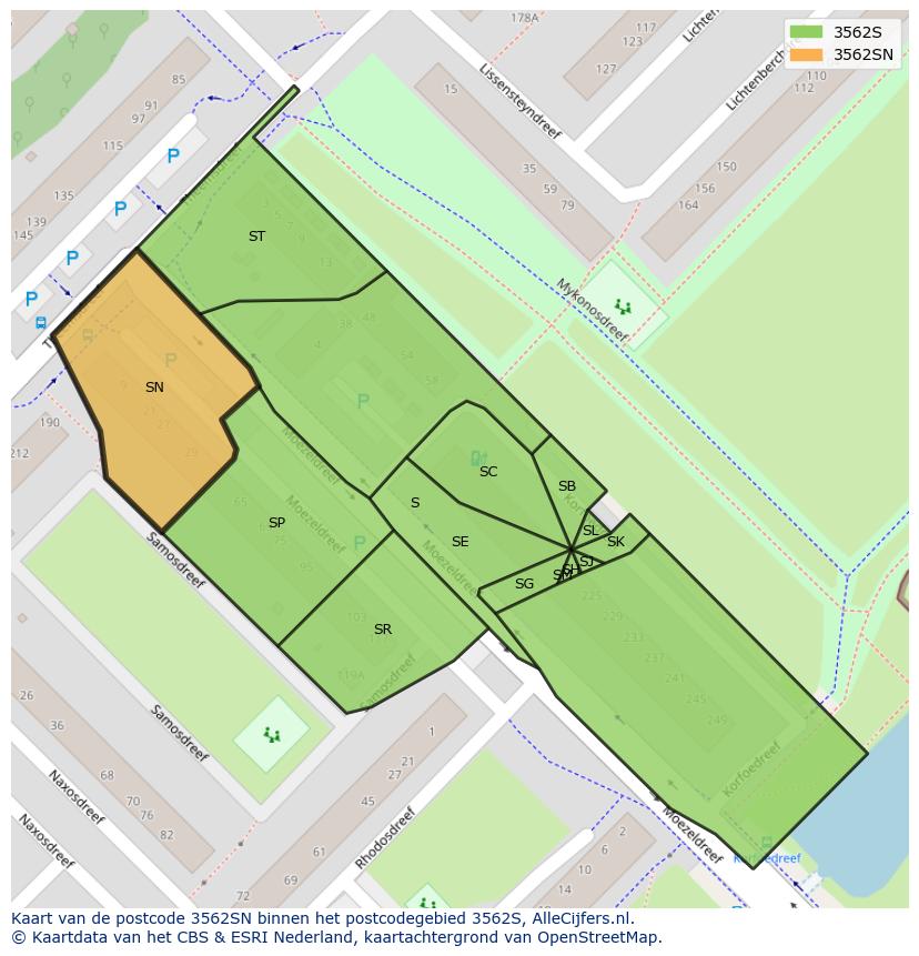 Afbeelding van het postcodegebied 3562 SN op de kaart.