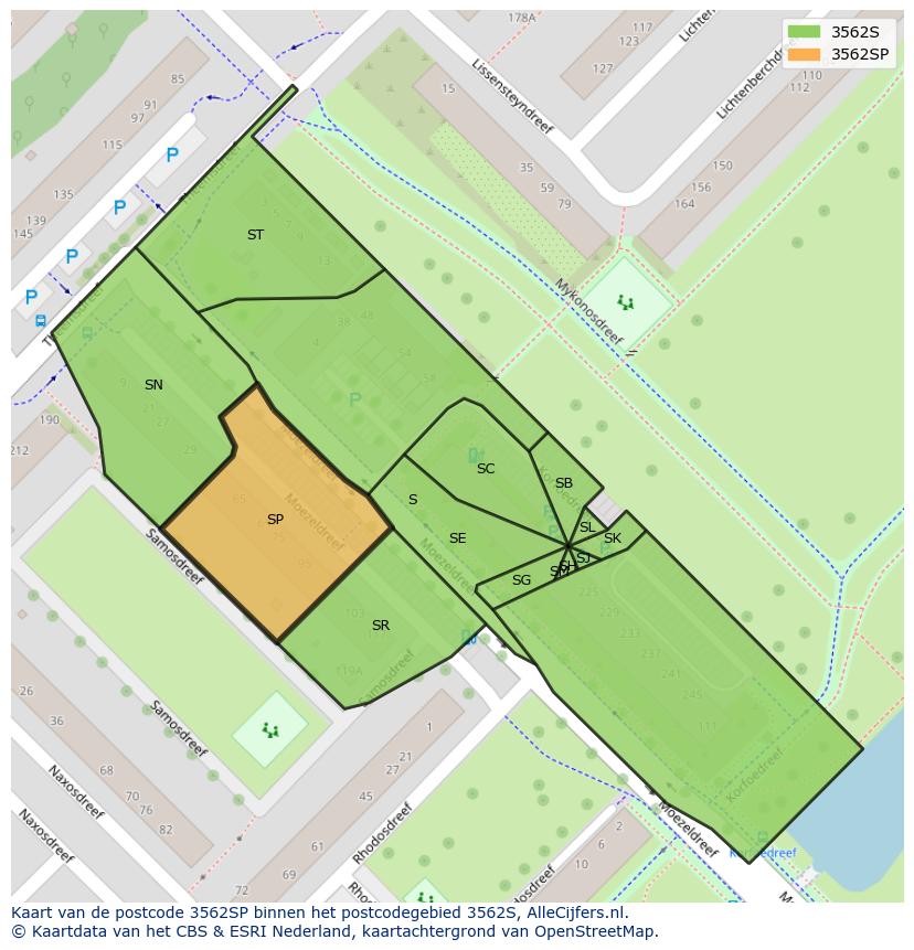 Afbeelding van het postcodegebied 3562 SP op de kaart.