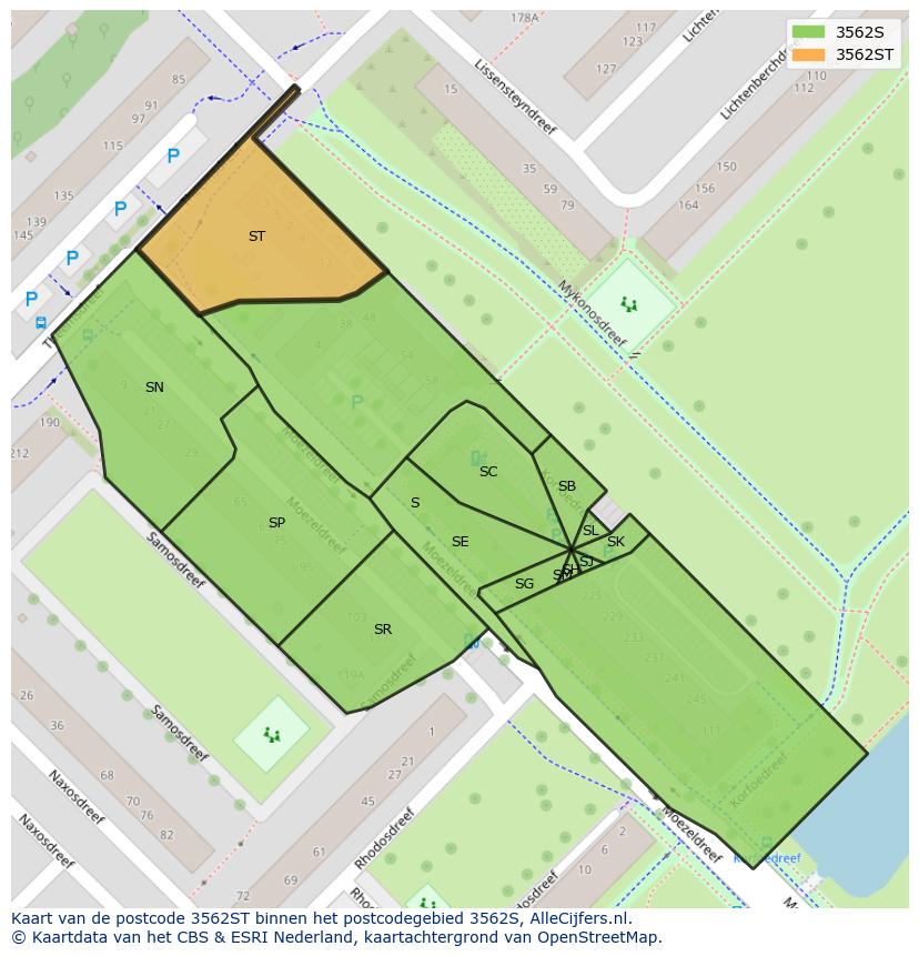 Afbeelding van het postcodegebied 3562 ST op de kaart.