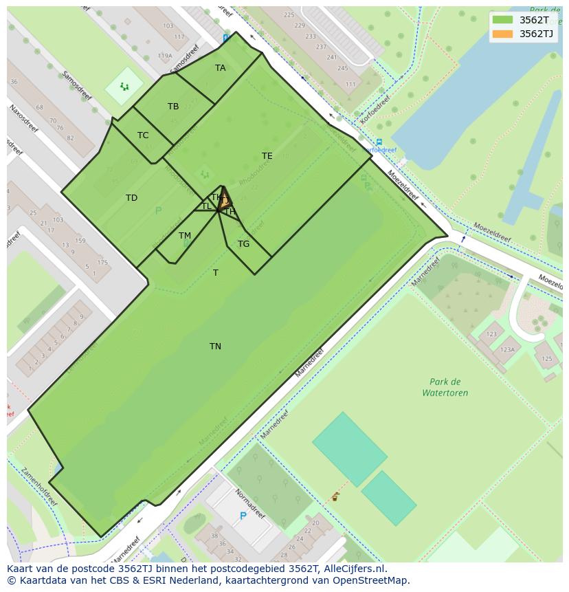 Afbeelding van het postcodegebied 3562 TJ op de kaart.