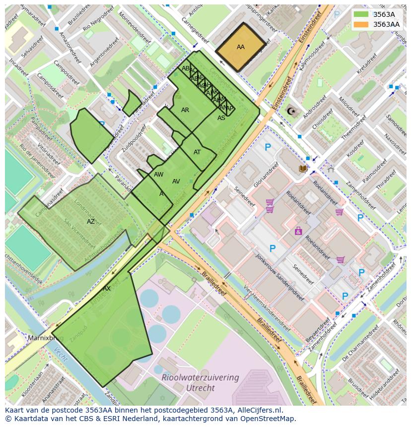 Afbeelding van het postcodegebied 3563 AA op de kaart.