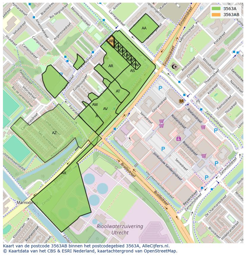 Afbeelding van het postcodegebied 3563 AB op de kaart.