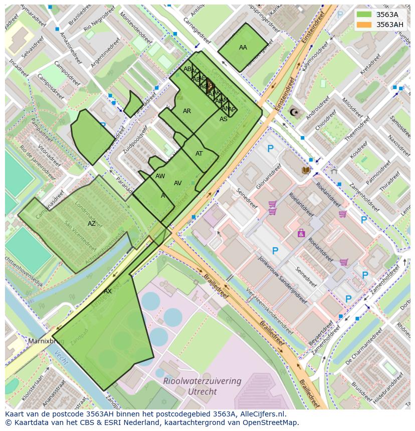 Afbeelding van het postcodegebied 3563 AH op de kaart.