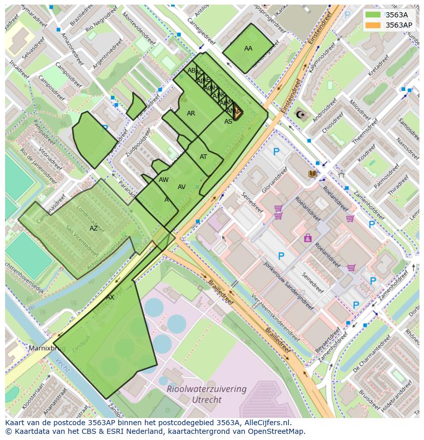 Afbeelding van het postcodegebied 3563 AP op de kaart.
