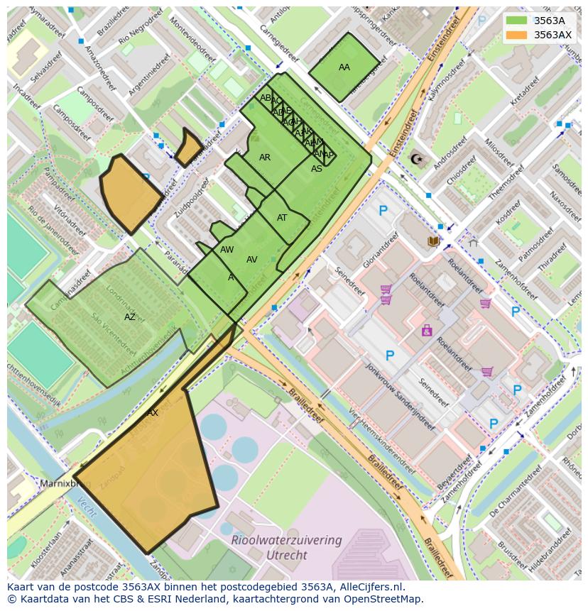 Afbeelding van het postcodegebied 3563 AX op de kaart.