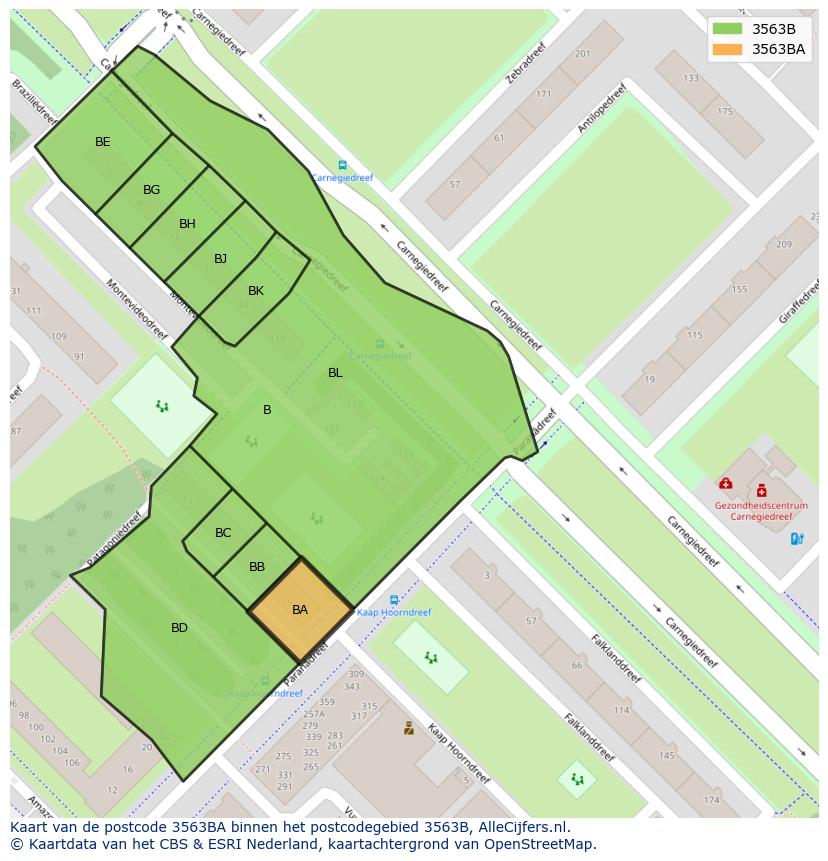 Afbeelding van het postcodegebied 3563 BA op de kaart.