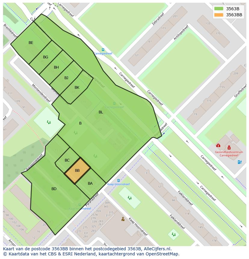 Afbeelding van het postcodegebied 3563 BB op de kaart.