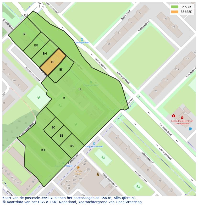 Afbeelding van het postcodegebied 3563 BJ op de kaart.