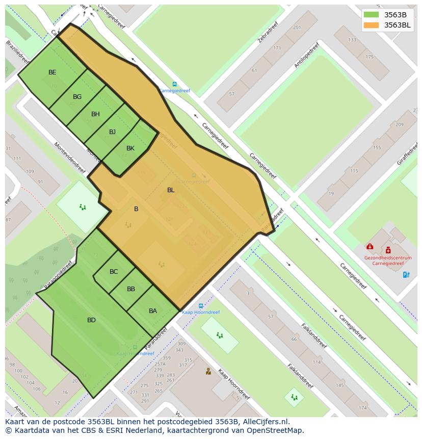 Afbeelding van het postcodegebied 3563 BL op de kaart.