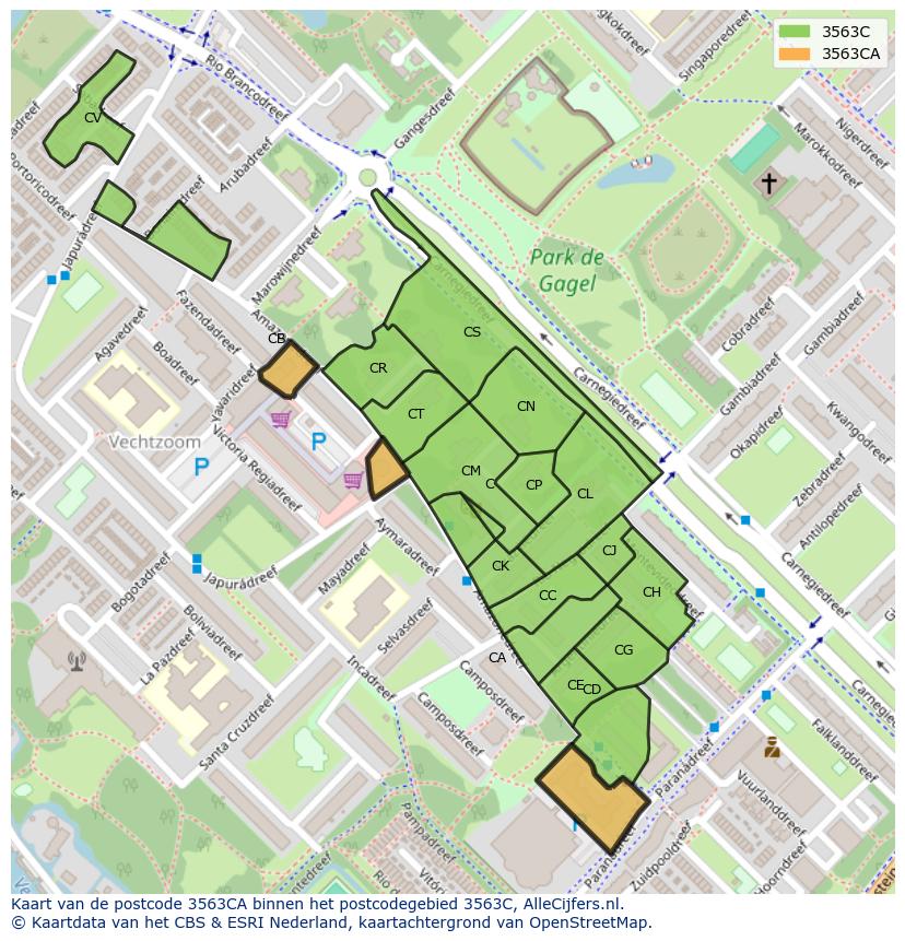 Afbeelding van het postcodegebied 3563 CA op de kaart.